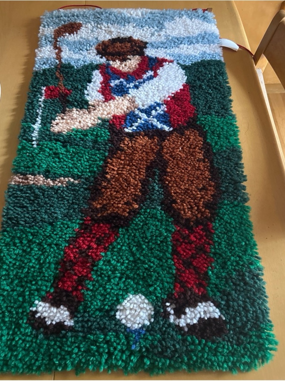 vintage Handmade Golf Player Latch Hook Wall Hanging - Green, Brown, Red
